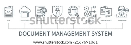 Document management concept with icons. Optical character recognition, cloud storage, audit trails, security, search, index and classification, version control, management