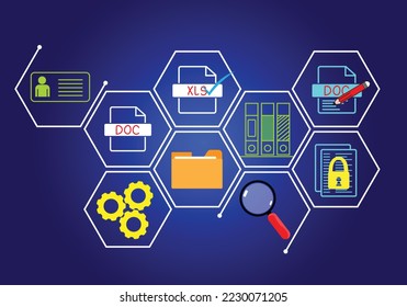 concepto de gestión de documentos base de datos de documentos en línea y sistemas de almacenamiento de archivos digitales o tecnología de mantenimiento de registros de software acceso a archivos compartido de documentos