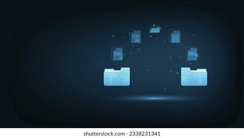 Document management and Data transfer through cloud technology.  Exchange data with modern internet technology on dark blue background. Files data system relocation concept. 