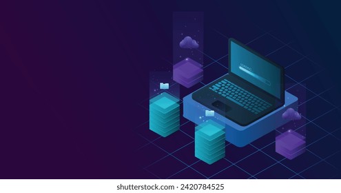 Document management and Data transfer through cloud technology. Exchange data with modern internet technology on a dark blue background. Files data system relocation concept.	