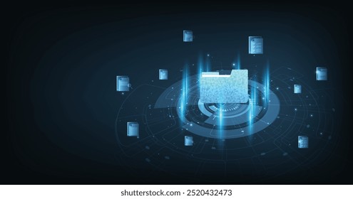 Document management and Data transfer through cloud technology. Exchange data with modern internet technology on a dark blue background. Files data system relocation concept.	