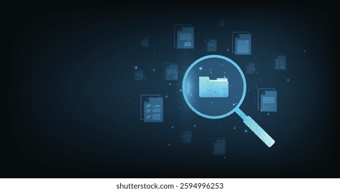 Document management and Data transfer through cloud technology. Exchange data with modern internet technology on a dark blue background. Files data system relocation concept.	