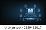 Document management and digital document paperless operation concept. Document management and Data transfer through cloud technology with modern internet technology on the dark blue background.