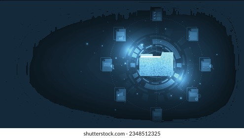 Concepto de administración de documentos y operación sin papel digital. Administración de documentos y transferencia de datos a través de tecnología en la nube con tecnología moderna de internet en el fondo azul oscuro.