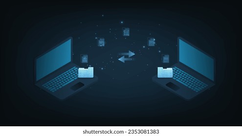 Document management and digital document paperless operation concept. Document management and Data transfer through cloud technology with modern internet technology on the dark blue background.
