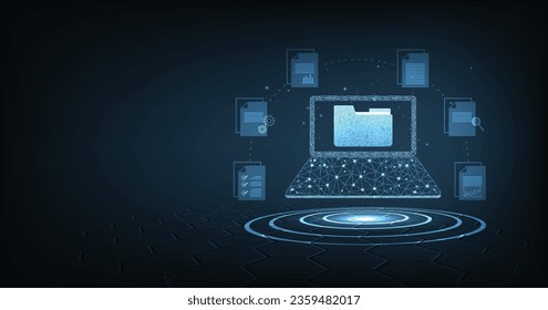 Document management and digital document paperless operation concept. Document management and Data transfer through cloud technology with modern internet technology on the dark blue background.