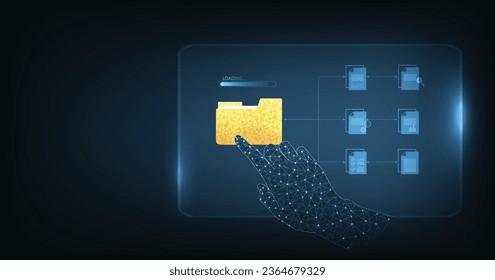 Document management and digital document paperless operation concept. Document management and Data transfer through cloud technology with modern internet technology on the dark blue background.