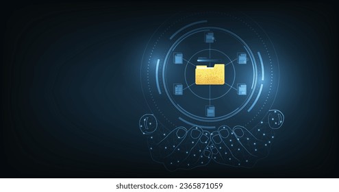 Concepto de administración de documentos y operación sin papel digital. Administración de documentos y transferencia de datos a través de tecnología en la nube con tecnología moderna de internet en el fondo azul oscuro.