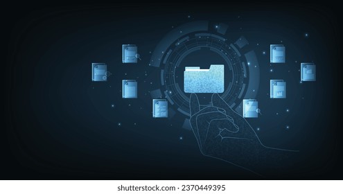 Document management and digital document paperless operation concept. Document management and Data transfer through cloud technology with modern internet technology on the dark blue background.