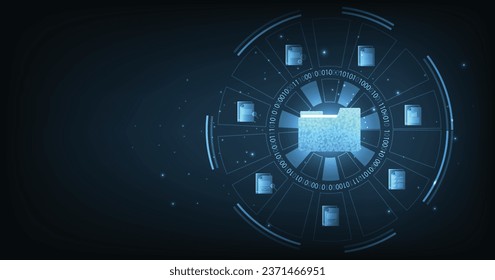 Document management and digital document paperless operation concept. Document management and Data transfer through cloud technology with modern internet technology on the dark blue background.