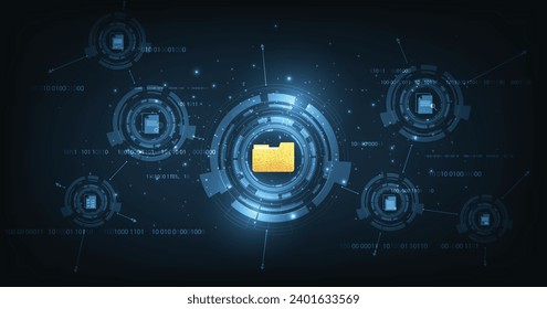 Concepto de administración de documentos y operación sin papel digital. Administración de documentos y transferencia de datos a través de tecnología en la nube con tecnología moderna de internet en el fondo azul oscuro.