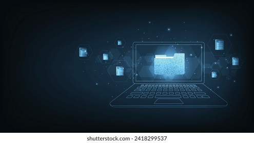 Document management and digital document paperless operation concept. Document management and Data transfer through cloud technology with modern internet technology on the dark blue background.