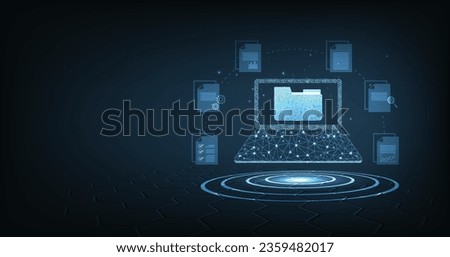 Document management and digital document paperless operation concept. Document management and Data transfer through cloud technology with modern internet technology on the dark blue background.