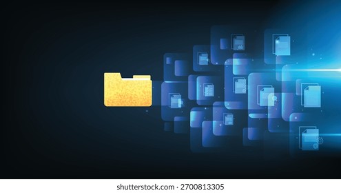 Gerenciamento de documentos e conceito operacional de documentos digitais sem papel. Gerenciamento de documentos e transferência de dados através da tecnologia de nuvem com tecnologia moderna da Internet em um fundo azul escuro.