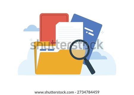 Document Management and File Search Illustration, Folder with Files and Magnifying Glass Vector