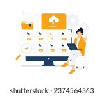 Document management, file transferring, cloud computing, yellow folder, explorer, share, Uploading, online digital file storage system. Woman uses magnifying glass searching concept illustration