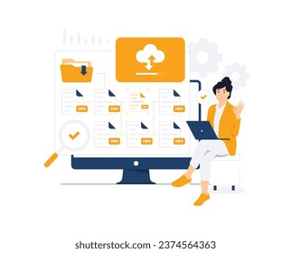 Document management, file transferring, cloud computing, yellow folder, explorer, share, Uploading, online digital file storage system. Woman uses magnifying glass searching concept illustration