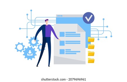 Document management. form, check list. Concept people, digital file storage system software, corporate records keeping, database technology, remote access, sharing, download. Blue vector illustration