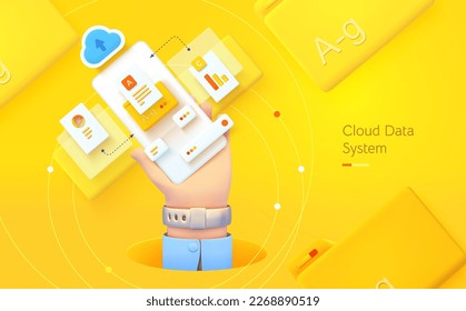 Document management. The hand is holding the phone. Mobile application for data analysis and accounting. File management. Electronic document management. Vector illustration 3d style