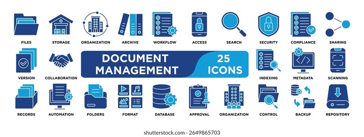 CONJUNTO de coleta de ícone GERENCIAMENTO DE DOCUMENTOS. Contendo documento,armazenamento,arquivo,acesso,versão,metadados,fluxo de trabalho,segurança,recuperação,ícone de compartilhamento. vetor de tom duplo.	