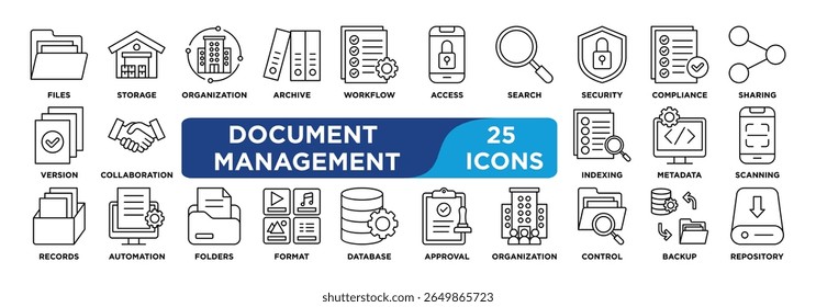 DOCUMENT MANAGEMENT icon collection set. Containing document,storage,archive,access,version,metadata,workflow,security,retrieval,sharing icon. Simple line vector.	