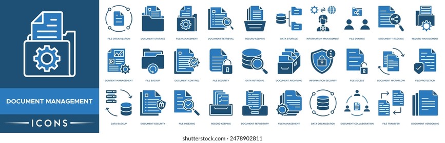 Document Management icon. File Organization, Document Storage, File Management, Document Retrieval, Record Keeping, Data Storage and Information Management