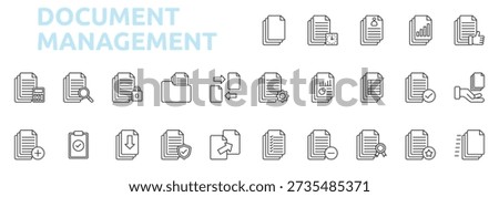 Document Management icon outline style with accounting, search, privacy, folder, exchange, add, clipboard icons