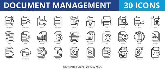 Document management icon pack collection set for business file and administration. With folder, document, edit, archive, search, share, save, copy, rename, scan, view, sync, backup, organize, storage