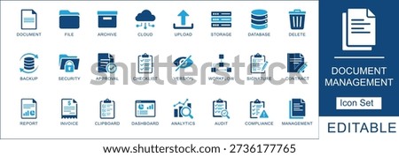 Document management icon set for business workflow, data storage, and office administration. Blue professional flat vector icons for digital filing systems.