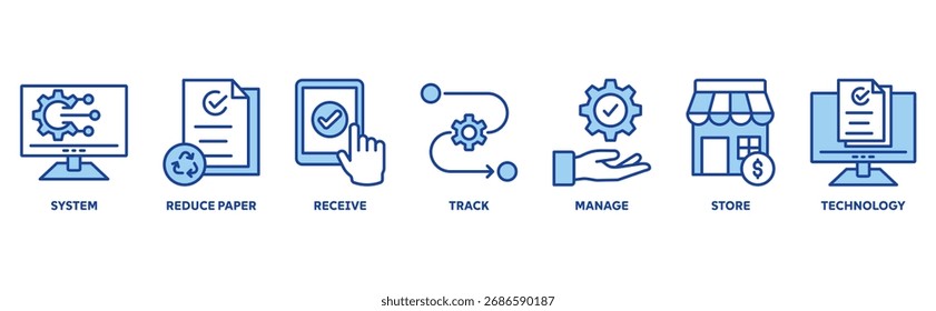 Concepto de ilustración de conjunto de iconos de gestión de documentos con icono de sistema, reducir papel, recibir, pista, administrar, almacenar, tecnología