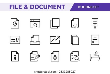 Conjunto de Ícones de Gerenciamento de Documentos. Ícones simplificados para organizar, armazenar e compartilhar arquivos, perfeito para aplicativos de produtividade, armazenamento em nuvem e fluxos de trabalho de negócios.