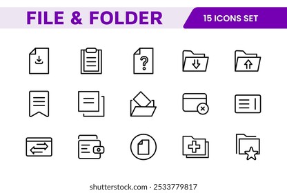 Conjunto de Ícones de Gerenciamento de Documentos. Ícones simplificados para organizar, armazenar e compartilhar arquivos, perfeito para aplicativos de produtividade, armazenamento em nuvem e fluxos de trabalho de negócios.