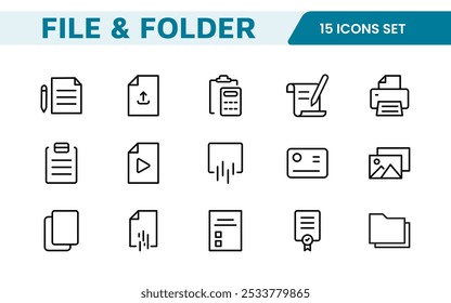 Conjunto de Ícones de Gerenciamento de Documentos. Ícones simplificados para organizar, armazenar e compartilhar arquivos, perfeito para aplicativos de produtividade, armazenamento em nuvem e fluxos de trabalho de negócios.