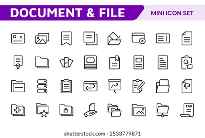 Conjunto de Ícones de Gerenciamento de Documentos. Ícones simplificados para organizar, armazenar e compartilhar arquivos, perfeito para aplicativos de produtividade, armazenamento em nuvem e fluxos de trabalho de negócios.