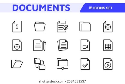 Conjunto de Ícones de Gerenciamento de Documentos. Ícones simplificados para organizar, armazenar e compartilhar arquivos, perfeito para aplicativos de produtividade, armazenamento em nuvem e fluxos de trabalho de negócios.