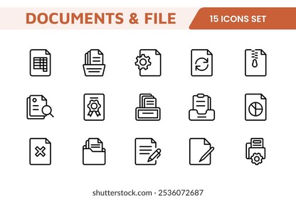 Conjunto de Ícones de Gerenciamento de Documentos. Ícones simplificados para organizar, armazenar e compartilhar arquivos, perfeito para aplicativos de produtividade, armazenamento em nuvem e fluxos de trabalho de negócios.