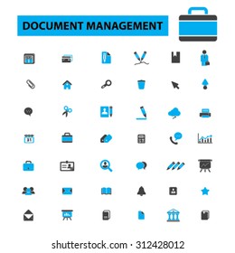 Document management icons concept. Business paper, report, file, folder, contract, form,  book, document storage, records management, scanning documents, workflow. Vector illustration set.