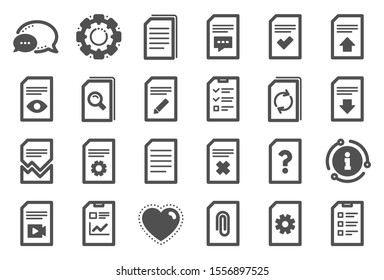 Document Management icons. Set of Report, Checklist and Copy icons. Download file, Remove and Attach clip symbols. Search, Edit management document and Corrupt report file. Checklist copy. Vector