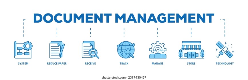 Dokumentmanagement-Bildlauf-Prozess mit Infografik-Icon-Flow, der aus System besteht, reduzieren Sie den Papierwert, empfangen, verfolgen, verwalten, speichern, Cloud und Technologie-Icon Live-Strich und einfache Bearbeitung