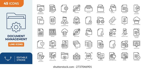 Document management line editable icon set. Contain icons related to Document, management, organization, folder, archive, storage, and more. Editable stroke. Vector illustration