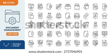 Document management line editable icon set. Contain icons related to Document, management, organization, folder, archive, storage, and more. Editable stroke. Vector illustration