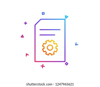 Document Management line icon. Information File with Cogwheel sign. Paper page concept symbol. Gradient line button. File Settings icon design. Colorful geometric shapes. Vector