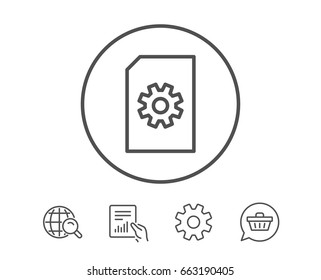 Document Management line icon. Information File with Cogwheel sign. Paper page concept symbol. Hold Report, Service and Global search line signs. Shopping cart icon. Editable stroke. Vector