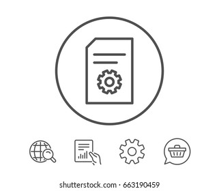 Document Management line icon. Information File with Cogwheel sign. Paper page concept symbol. Hold Report, Service and Global search line signs. Shopping cart icon. Editable stroke. Vector
