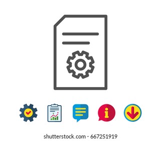 Document Management line icon. Information File with Cogwheel sign. Paper page concept symbol. Report, Service and Information line signs. Download, Speech bubble icons. Editable stroke. Vector