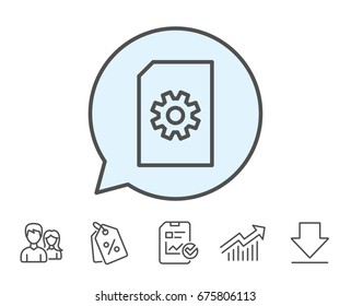 Document Management line icon. Information File with Cogwheel sign. Paper page concept symbol. Report, Sale Coupons and Chart line signs. Download, Group icons. Editable stroke. Vector