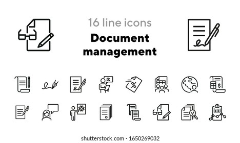 Conjunto de iconos de línea de administración de documentos. Papel, acuerdo, firma, gente. Concepto de negocio. Se puede utilizar para temas como papeleo, finanzas, análisis