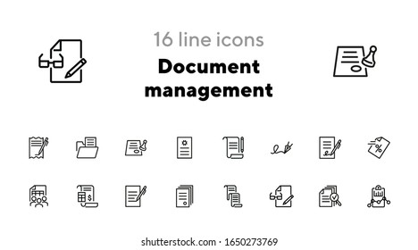 Document management line icon set. Signature, contract, invoice. Paperwork concept. Can be used for topics like business, agreement, accounting