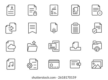 Conjunto de Ícones da linha Gerenciamento de Documentos. Ícones otimizados para organizar, armazenar e compartilhar arquivos, perfeito para aplicativos de produtividade