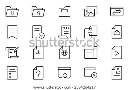 Document Management line Icon Set. Streamlined icons for organizing, storing, and sharing files, perfect for productivity apps, cloud storage, and business workflows.